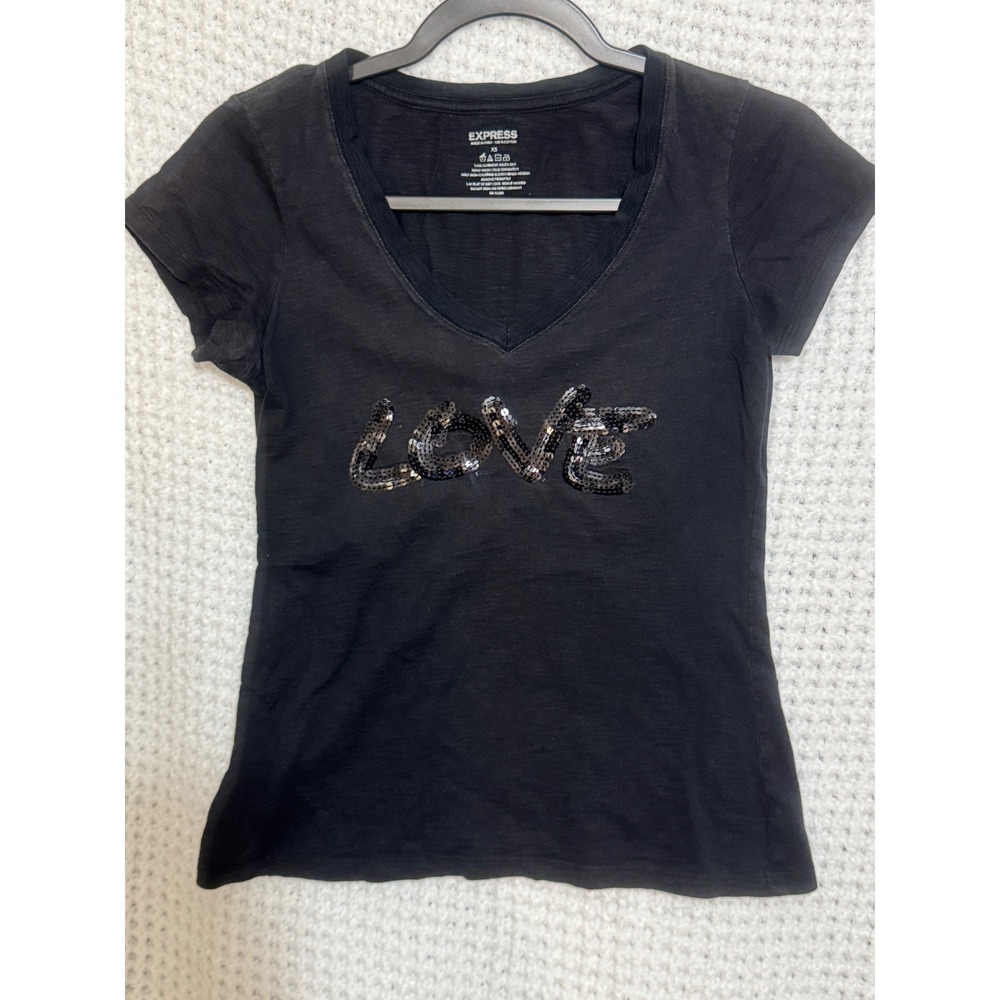 Express Womens XS Black Love Sequin V Neck Short Sleeve T-Shirt Top